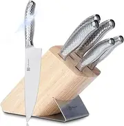 Kitchen Knife Set, Hanmaster One-Piece Stainless Steel Knife Sets for Kitchen with Block, 6 Pieces Solid Natural Wood Knife Block Set, Gift Box Packed, Silver.
