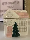 Peppermint Pine Pink House Stoneware Cookie Jar Cannister Christmas Treats Candy