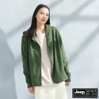 在飛比找momo購物網優惠-【JEEP】女裝 不對稱刺繡長袖帽T外套(綠色)