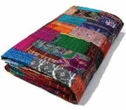 Patchwork Blanket Vintage Kantha BedspreadSilk Handmade Quilt Throw