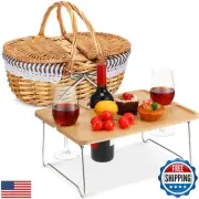 FoldTier Picnic Basket with Foldable Wine Table Kit, Handmade Wicker Basket w