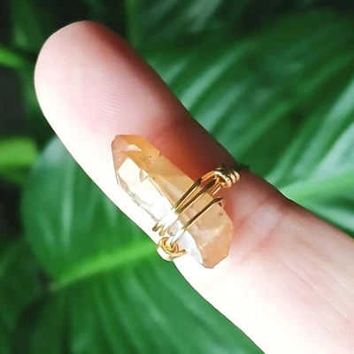 Orange Aura Quartz Crystal Wire Wrapped Ring, Gold Size 5.5 Boho Statement