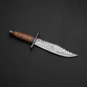 Handmade Damascus Bowie Knife Sharp Blade Leather Handle With Leather Sheath