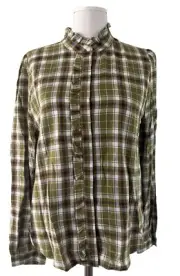 ANN TAYLOR LOFT Medium BLOUSE Green Plaid Ruffled Collar Peasant Boho NWT