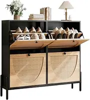 [IRONCK] Rattan Shoe Cabinet Storage with 4 Flip Drawers, Freestanding Shoe Storage Organizer Cabinet for Entryway, Narrow Shoe Rack Cabinet, Black