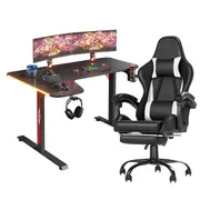 Advwin L Shape 140cm Gaming Desk RGB LED Light & Gaming Chair Racing Recliner Executive Seat Office Chair White & Black