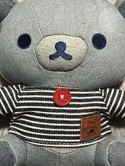 Rilakkuma Denim Bear Blue Striped Shirt Red Button Logo Patch San X Japan