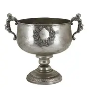 Large Brushed Antique Silver Rustic Urn Vase with Emblem & Ornate Handles