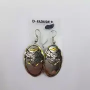 Tribal Oriental Earrings Silver Tone Filigree Gold Tone Silver Black Oval Dangle