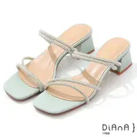 在飛比找momo購物網優惠-【DIANA】5cm 珍珠水鑽鑲釦軟條細帶輕色系方頭粗跟涼鞋