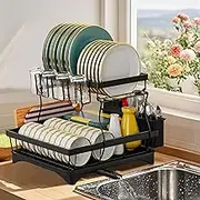 ONEIN 2-Tier Dish Drying Rack – Heavy-Duty Dish Drainer with 360° Rotating Drainage System, Space-Saving Kitchen Storage & Organization, Black