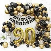90th Birthday Decorations for Men Women, Black and Gold 90th Birthday Balloons Set Party Decorations with Happy 90th Birthday Decorations Banner，Black Gold Decor for 90th Birthday Party