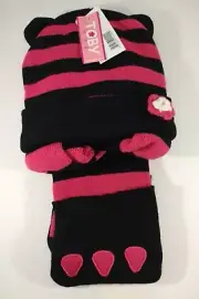 Sears TOBY n.y.c Pink and Black Beanie with Attached Scarf Kids Girls Size 4-16