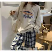 Plaid Wide-Leg Pants / Printed Sweatshirt Sweatshirt - Grey - One Size
