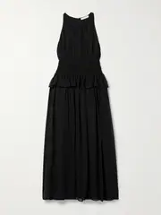 [Ulla Johnson] Ulla Johnson - Adeline Shirred Silk Crepe De Chine Peplum Midi Dress - Black - US6 US 6 Black