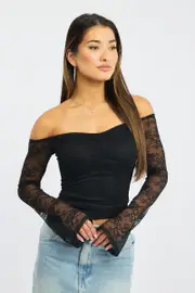 Black Off Shoulder Top Long Sleeve Lace - Size 14L, Women's Top