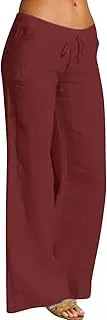 [Generic] Linen Pants for Women Wide Leg High Waisted Baggy Drawstring Elastic Waist Casual Trousers Pants with Pockets