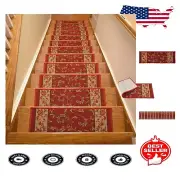Elegant Red Stair Treads with Non-Slip Backing - Machine Washable & Set of 13