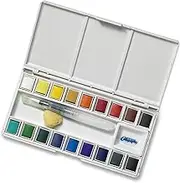 Jerry Q Art 18 Assorted Water Colors Travel Pocket Set- Free Refillable Water Brush With Sponge - Easy to Blend Colors - Built in Palette - Perfect For Painting On The Go JQ-118