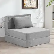 WUTUTUEE Folding Sofa Bed Convertible Floor Couch Foldable Chair Bed with Pillow，Linen Sleeper Chair Futon,Foldable Memory Foam Mattress for Bedroom/Living Room/Dorm/Office (Light Grey, Single)