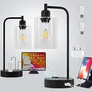 Yarra-Decor Industrial Bedside Table Lamp Set of 2 3-Way Dimmable Lamps for Bedroom Modern USB Nightstand Lamp with Glass Shade Reading Table Lamps for Dorm, Office (LED Bulb Included)
