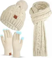 [Horuru] Winter Beanie Hat Scarf Gloves Set for Women,Warm Touch Screen Gloves Christmas Birthday Gifts for Women Girls