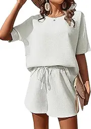 [NLAND] 2-Piece Women's Outfit, 2-Piece Summer Crew Neck Short Sleeve Plain Top, Loose T-Shirt Shorts, Sports Trousers, Sleepwear, Leisure Suit Sets, Running, Yoga
