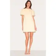 Almond Embroidered Cotton Lace Trim Puff Sleeve Shirt Dress, Almond