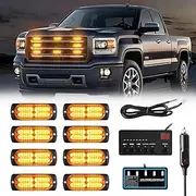 8x24 Mini Grill Grille Strobe Warning Lights w/Digital Display Controller, Amber LED Head Surface Mount Emergency Hazard Traffic Advisor Safety Light, 18 Flashing Modes for Trucks Car Vehicles