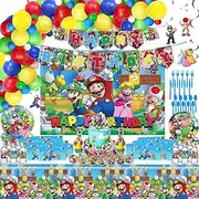 Mario Birthday Party Supplies, Mario Bros Party Supplies Include Banner, Hanging Swirls, Backdrop, Tableware, Cake Toppers, Bottle Labels, Chocolate Stickers, Candy Stickers, Mario Party Decorations, Mario Party Favors
