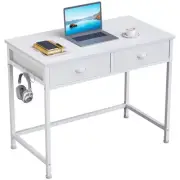 White Small Computer Desk with 2 Fabric Drawers, 36 Inch Simple Home Office W...
