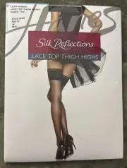 Hanes Silk Reflections Silky Sheer Lace Top Thigh Highs Size CD Jet Black