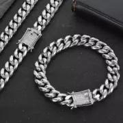 Miami Cuban Link Bracelet Chain Set White Gold Stainless Steel With CZ Clasp