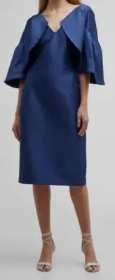$595 Badgley Mischka Women's Blue 3/4-Sleeve Ruffle Mikado MIDI Dress Size 8
