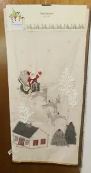 ISACC MIZRAHI New York Christmas Table Runner Santa Trees Houses Reindeer Gold