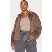 Plus Taupe Wool Look Wide Collar Zip Up Jacket, Taupe