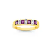 9ct Gold, Amethyst & Diamond Princess Cut Band in Purple