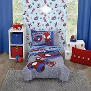 NoJo Marvel Spiderman Spidey and his Amazing Friends Spidey Time Red, Blue, and Grey 4 Piece Toddler Bed Set - Comforter, Fitted Bottom Sheet, Flat Top Sheet, and Reversible Pillowcase