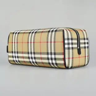 【BURBERRY 巴寶莉】BURBERRY 格紋LOGO PVC拉鍊手拿旅行收納包(典藏米)