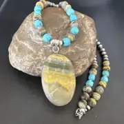 Mens BumbleBee Jasper Pendant Navajo Pearls Sterling Silver Necklace 16878