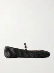 [Gianvito Rossi] Gianvito Rossi - Carla Marbella Leather-trimmed Raffia Mary Jane Flats - Black - IT42 IT 42 Black