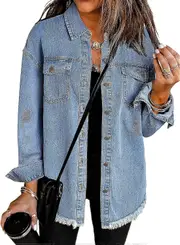 Morakot Womens Oversized Button Up Frayed Hem Shacket Long Sleeve Pockets Denim Jean Jacket Blue X-Large