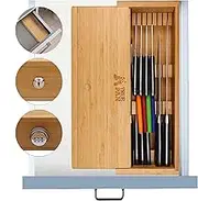 Kid Safe in-Drawer Bamboo Sharp Knives Holder & Organizer. (Knives Not Included). Multi Purpose Lock Box. Only 5.5 Inches Wide. Holds up tp 25 Knives. Best Knife Block Alternative!