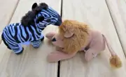 2 FOLKMANIS Puppets Zebra Lion Jungle African Wildlife Playset Hand Stuffed Toys