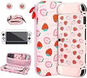RHOTALL Strawberry Carrying Case Set for Nintendo Switch OLED, Portable Travel Case for Switch Accessories Storage with Pink Protective Shell, Shoulder Strap, Screen Protector and 2 Thumb Caps