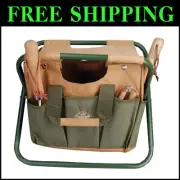 Stylish Tan/Green Canvas Tool Bag & Stool Combo for Effortless Gardening