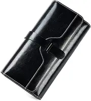 [HAMKVBPR] Women's Long Wallet Ladies Leather Vintage Wallet Long Large Capacity Trifold Bag Long Purse (Color : Black, Size : 19x10x3cm)