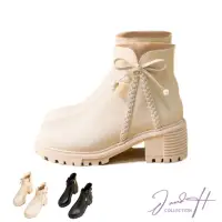 在飛比找momo購物網優惠-【J&H collection】時尚淑女編織蝴蝶結粗跟短靴(