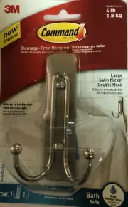 Command Bath Double Hook Large Adhesive With Water Resistant Strip, Satin Nickel