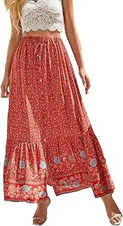 [Aosufei] Women's Bohemian Floral Printed Strappy Skirt Elastic Waist Button Front Skirt Casual Beach Party Maxi Skirts